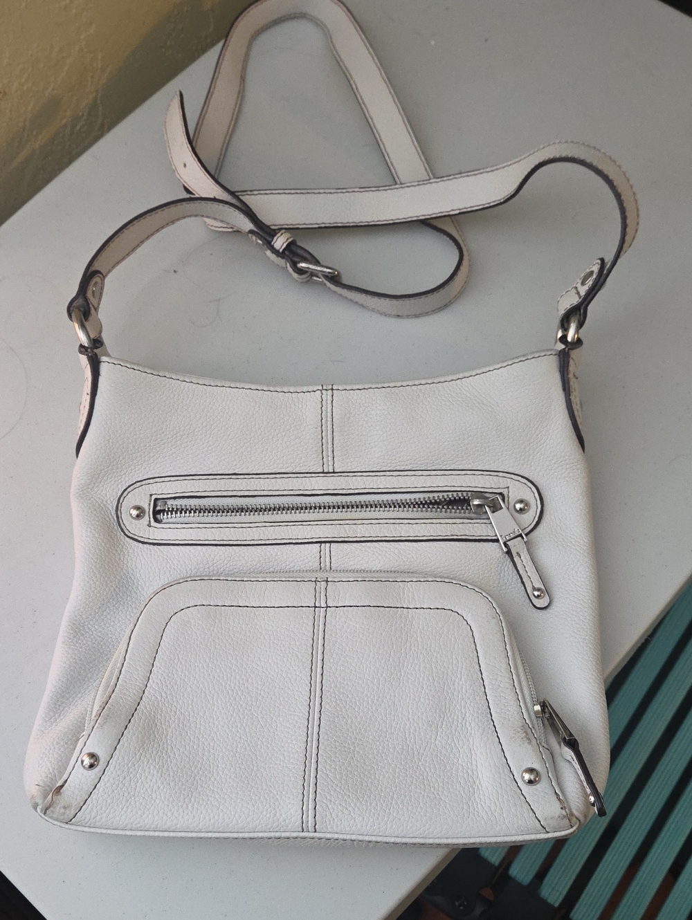 Tignanello White Leather Crossbody with Silver Hardware
